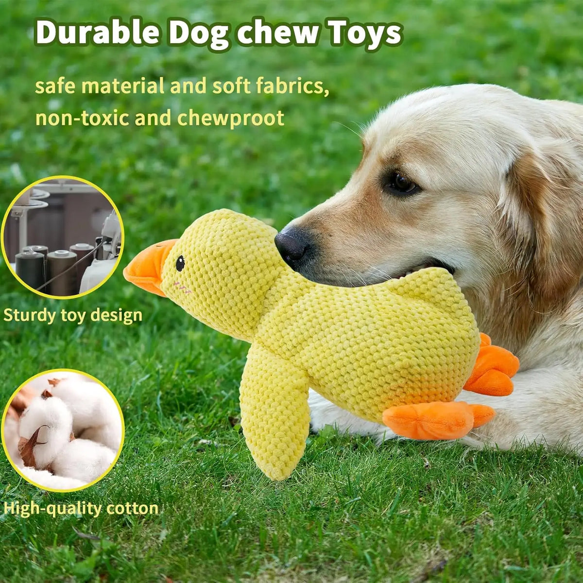 A golden retriever is playing with a yellow, soft, knitted plush duck chew toy outdoors.