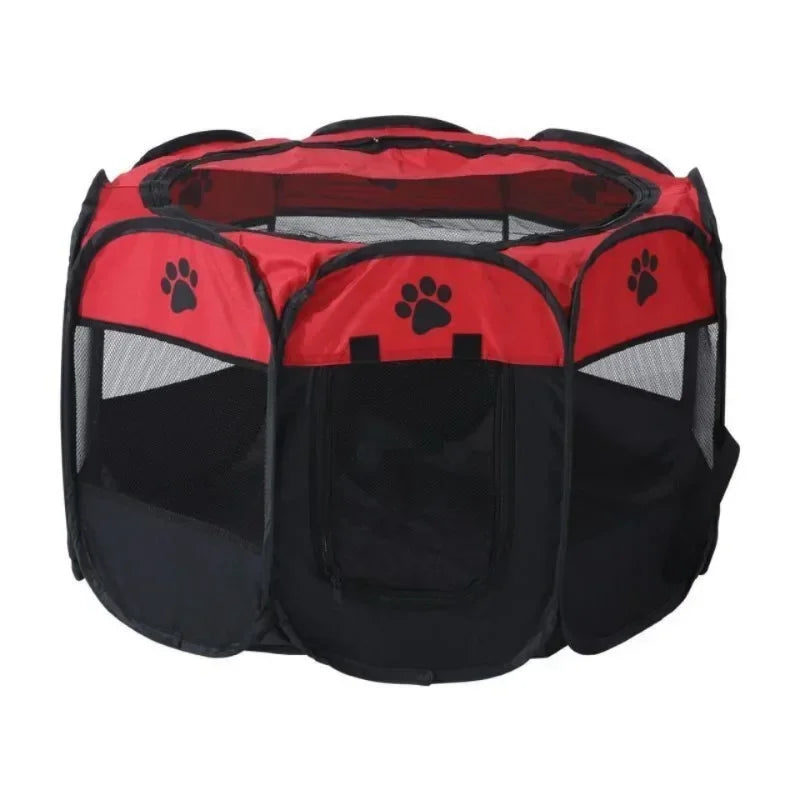 A portable foldable pet tent and playpen with a red and black mesh design.