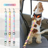 A dog wearing a colorful lead rope safety harness in a car seat.