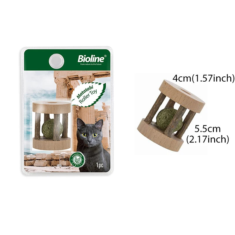 A wooden raller toy for cats with a green catnip ball, packaged by Bioline.