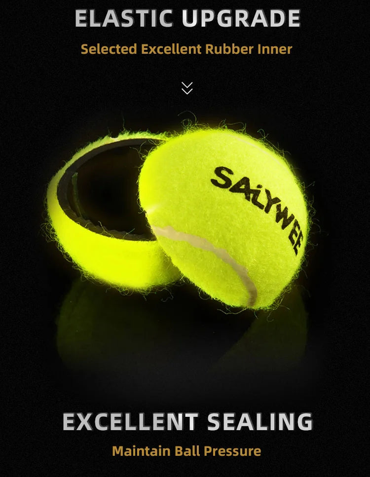 A close-up of a yellow Salywee tennis ball showing an elastic upgrade and excellent sealing for maintaining ball pressure.