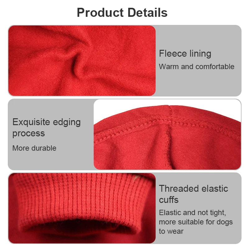 Close-up view of a red cotton dog hoodie sweatshirt showing fleece lining, edging, and threaded elastic cuffs.