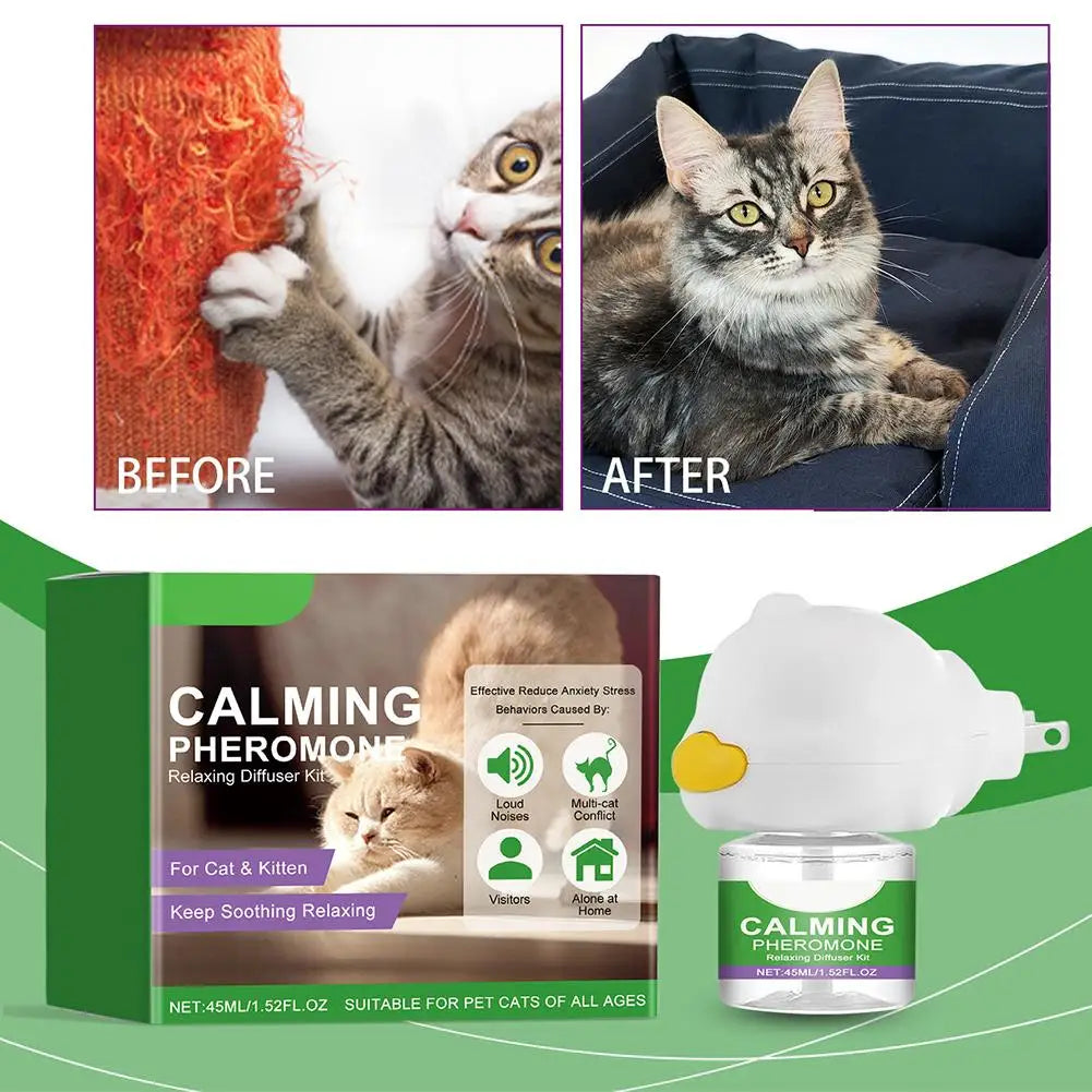 Difusor calmante de feromonas para mascotas blanco junto a imágenes antes y después de un gato.