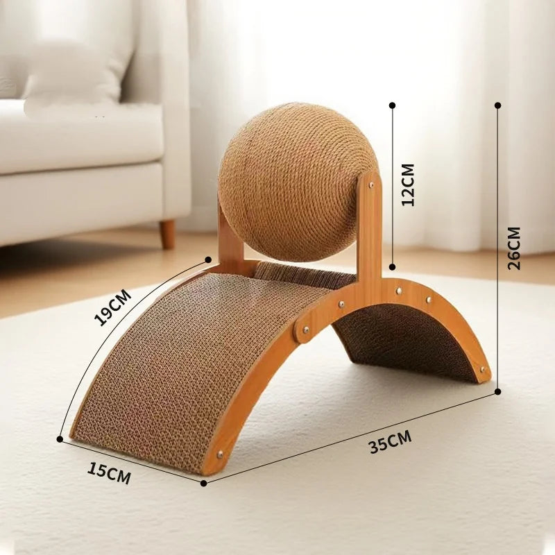 A wooden cat toy featuring a sisal scratching board and a round scratching post, shown with dimensions.