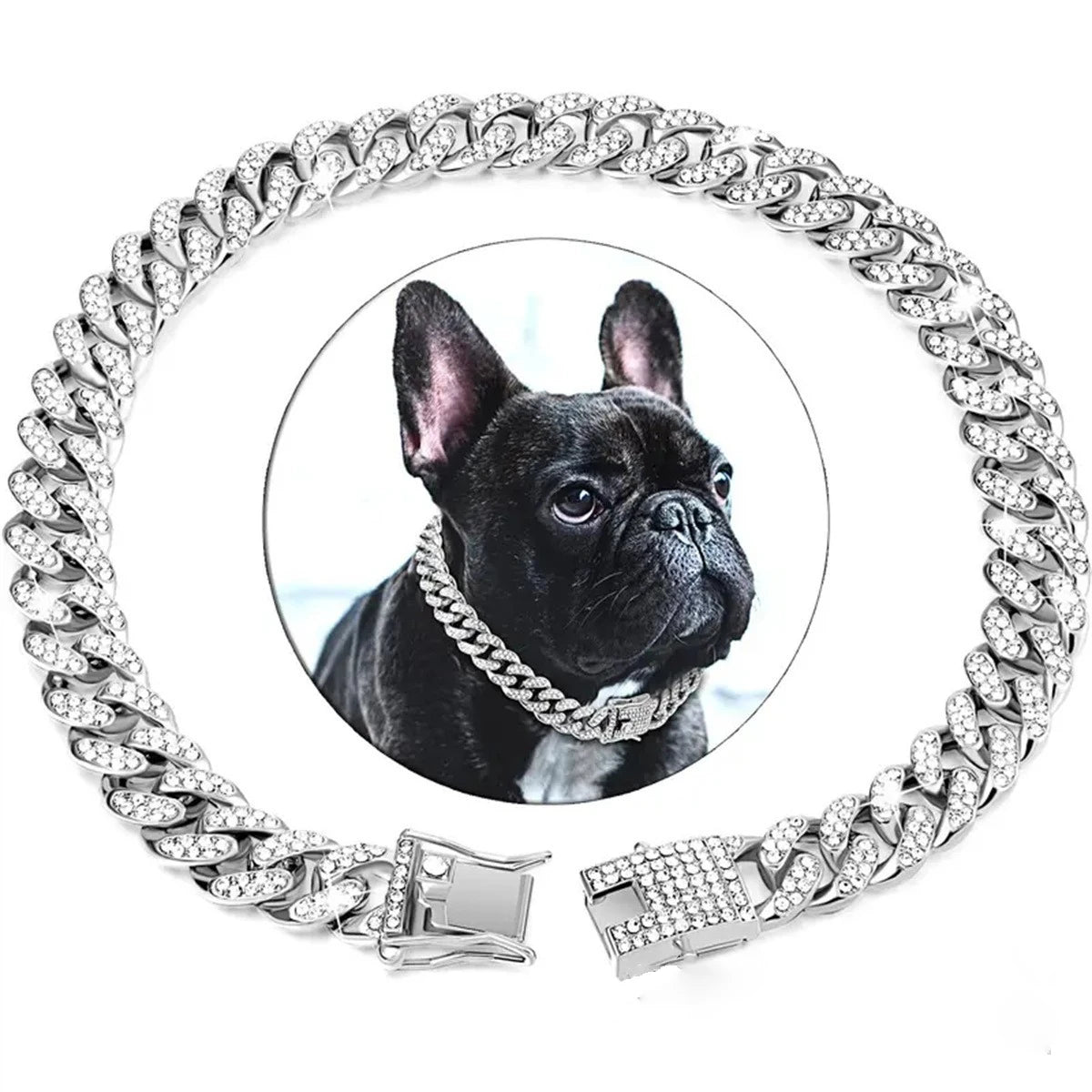 A silver diamond Cuban chain collar for dogs and cats, featuring a durable chain design.