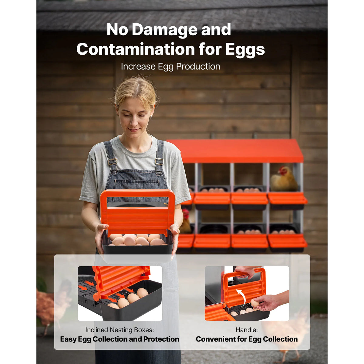 Orange galvanized steel nesting box for egg collection with an inclined tray