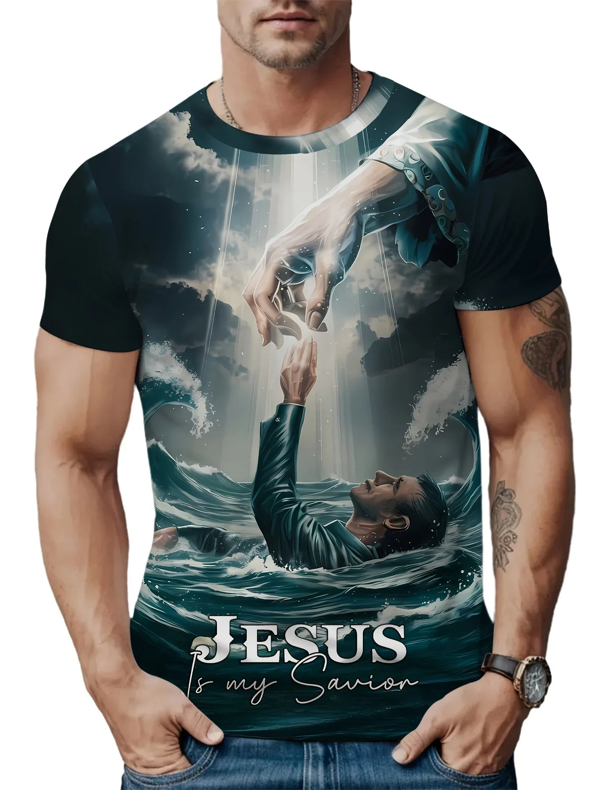 Faith-Inspired Graphic Crew Neck Tee for Men