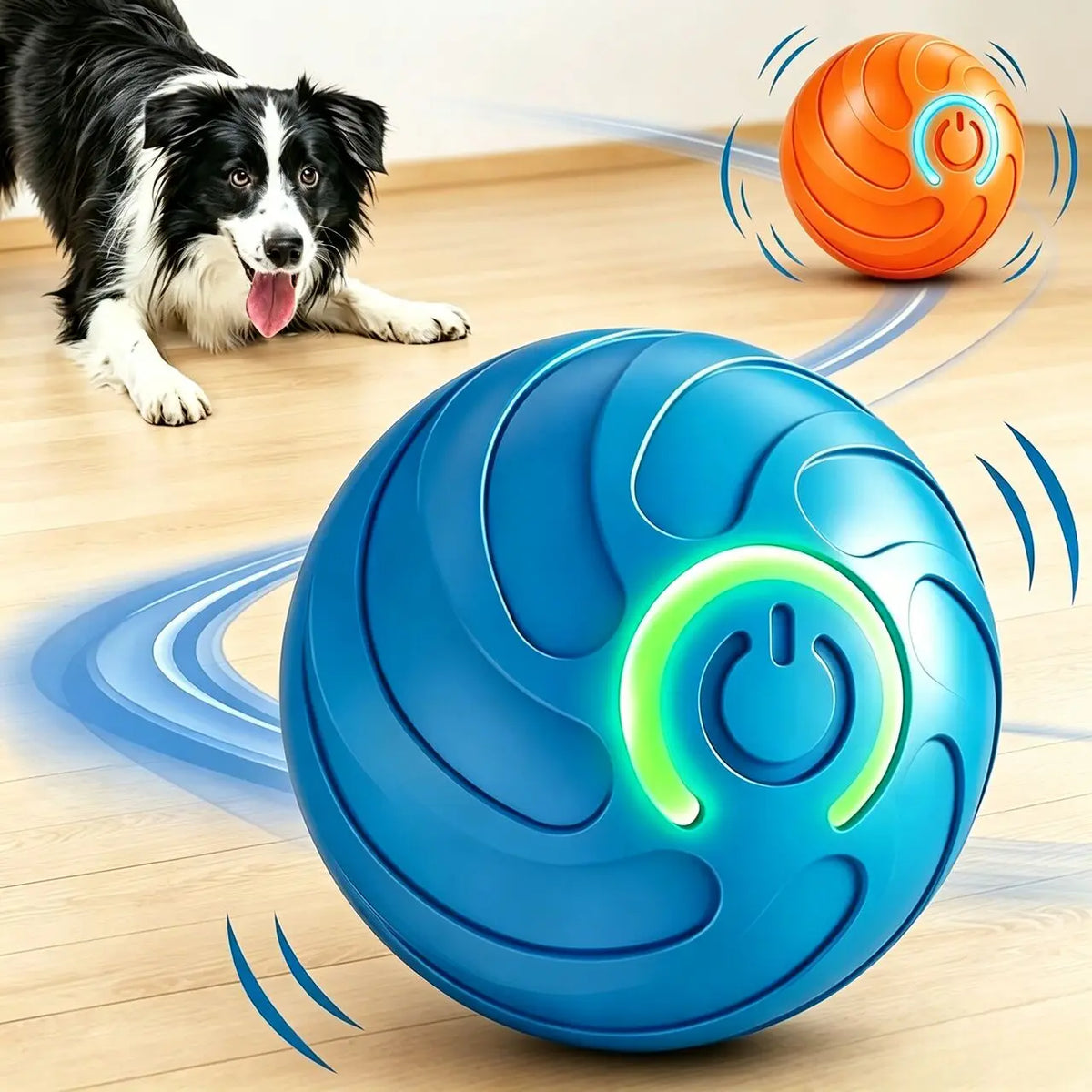 A bright blue interactive pet ball is shown with glowing green accents, next to a dog and cat.
