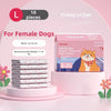 A box of 10 pieces of female dog diapers for puppies is displayed next to stacked diapers and a measurement guide.