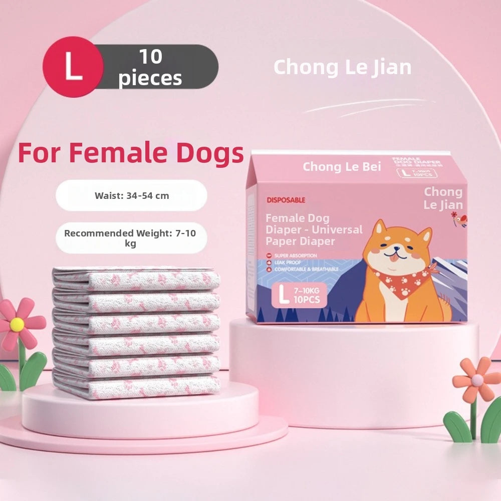 A box of 10 pieces of female dog diapers for puppies is displayed next to stacked diapers and a measurement guide.
