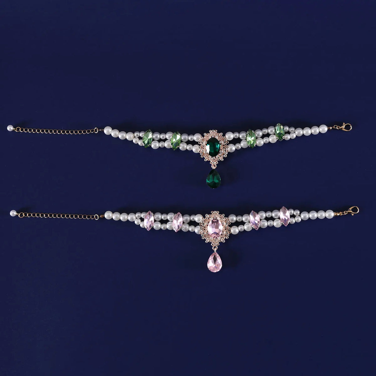 A delicate pearl and crystal gemstone collar featuring a decorative centerpiece for pets.