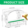 A transparent acrylic window bird feeder with a green feeding tube and suction cups for birds.