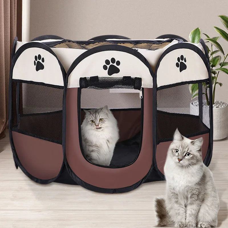 Klappbare Schlafbox für Hunde und Katzen mit gepolstertem Beutel und Pfotenabdruck-Designs.