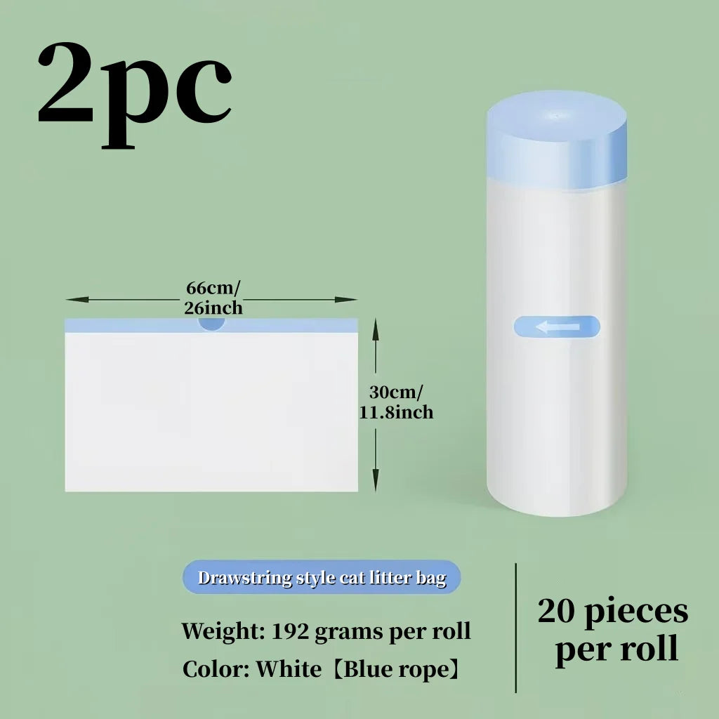 Two rolls of white drawstring style cat litter bags, measuring 66cm by 30cm each.