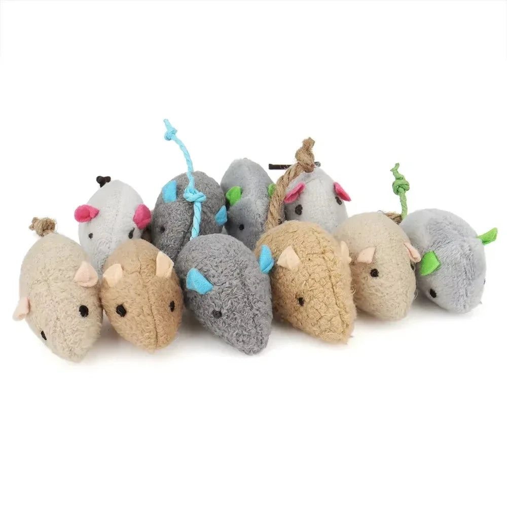 A collection of five catnip-filled plush cat mice toys with rattles in various gray and beige colors.