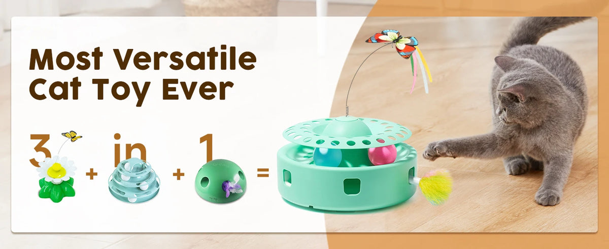 A green interactive cat toy is shown next to a tabby cat playing with it, demonstrating its versatility.