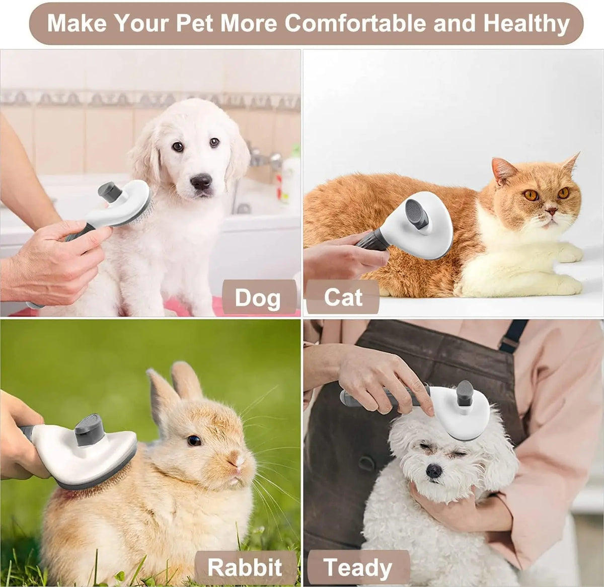 A collection of self-cleaning pet hair brushes used for dogs, cats, rabbits, and pets.