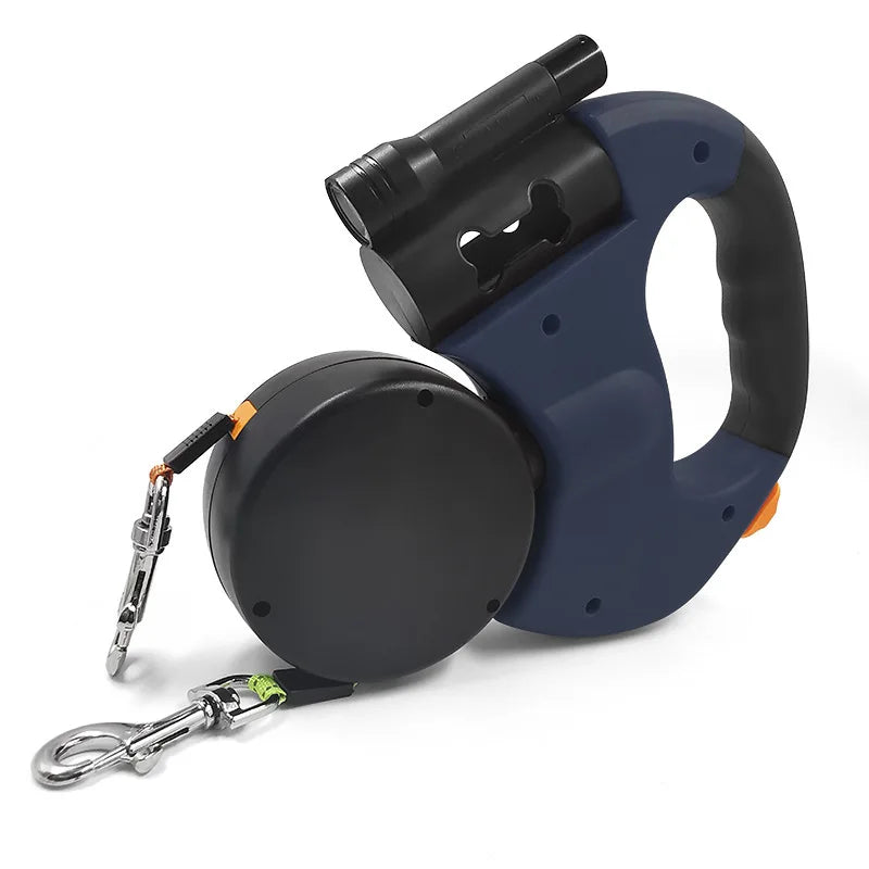 A black and blue retractable dog leash with an LED light and waste bag holder is shown.