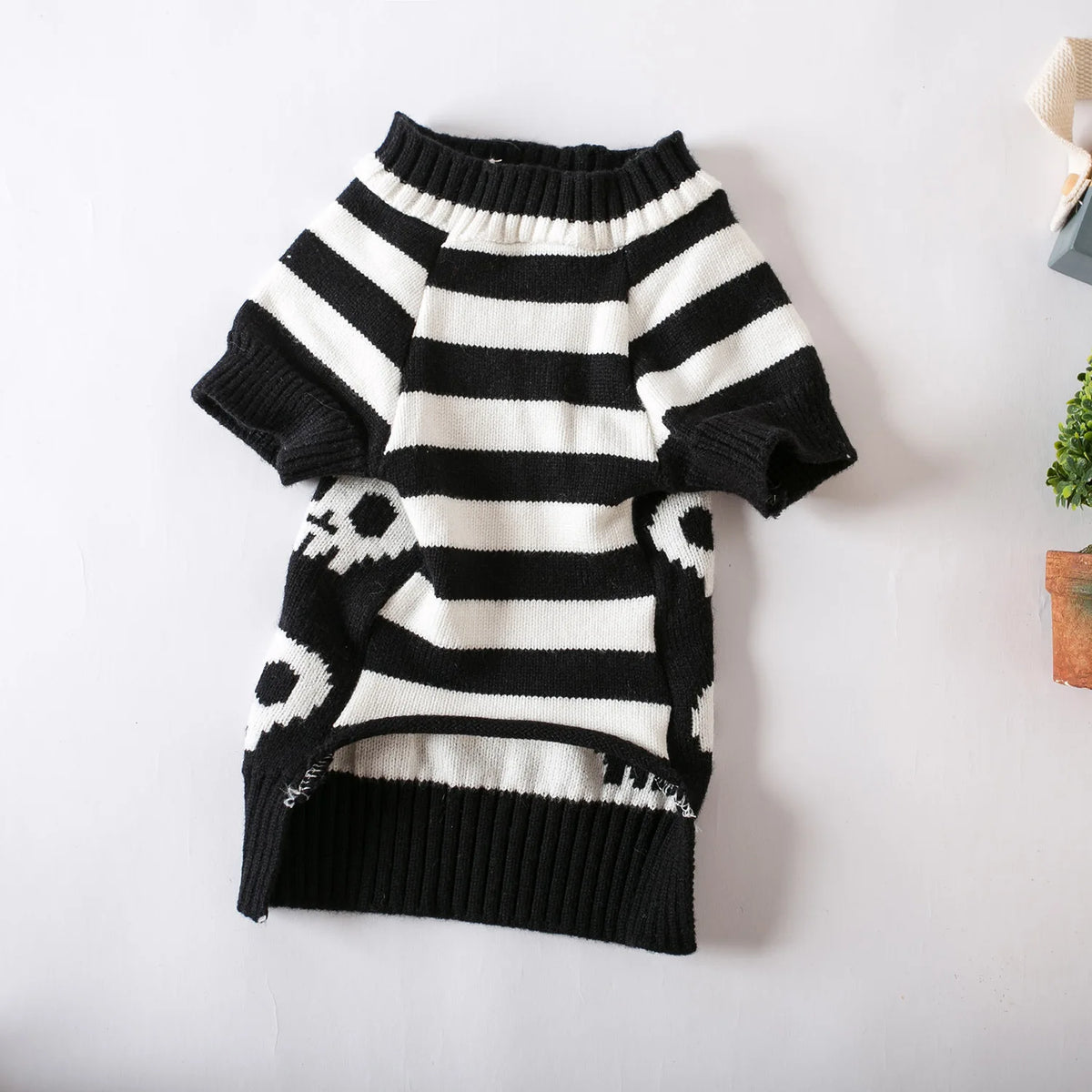 Black and white striped knitted pet sweater for cats and small dogs