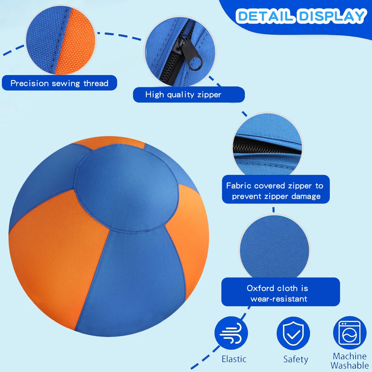 A blue and orange dog ball showing details of precision sewing thread, a high quality zipper, fabric covered zipper, and wear