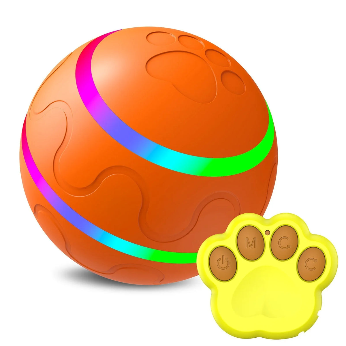 An orange, textured pet ball with glowing blue and green LED lights and a yellow paw print on the surface.