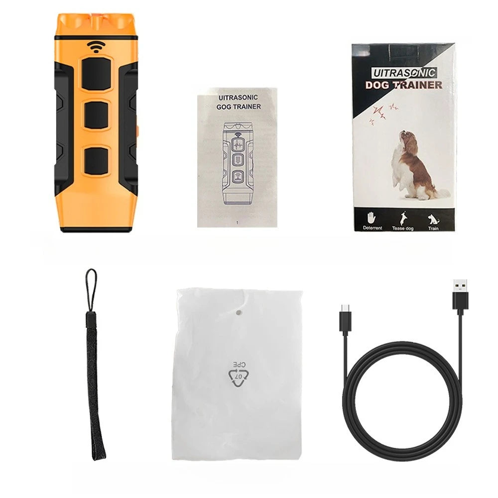 An ultrasonic dog trainer device in orange and black, along with a leash and a white bag.