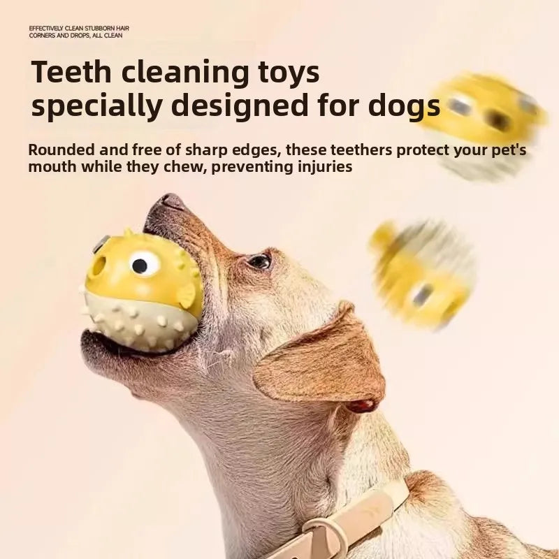A dog is chewing a yellow, rounded teeth cleaning toy designed to protect its mouth.