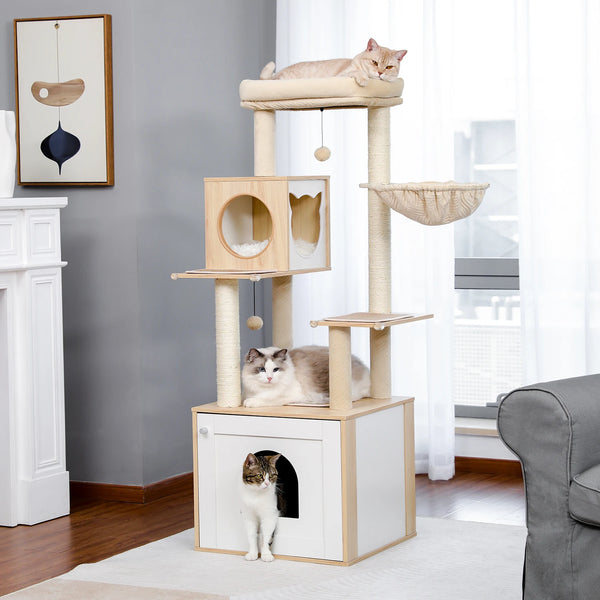 A wooden cat tower with a litter box enclosure and scratching posts is shown in a modern living room setting.