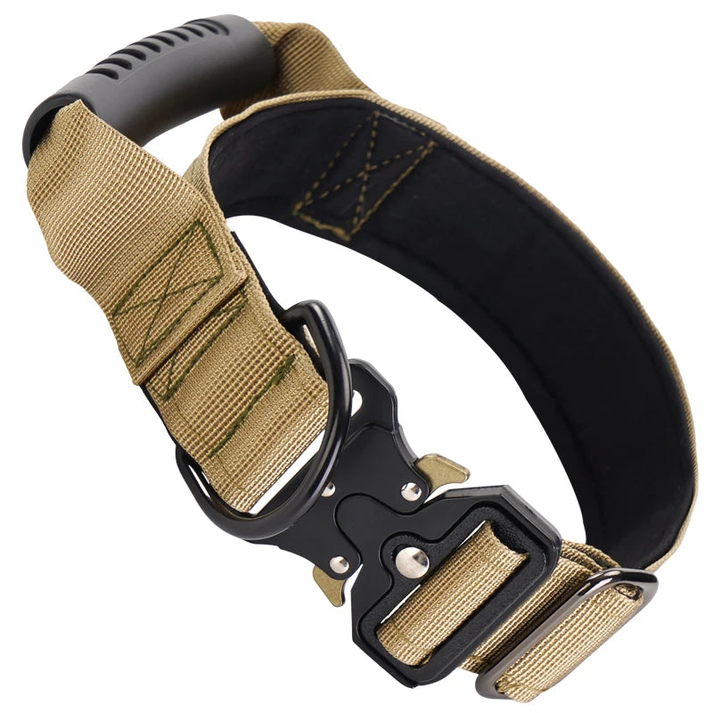 A tactical dog collar with a heavy duty nylon training strap and black buckle shown against a white background.