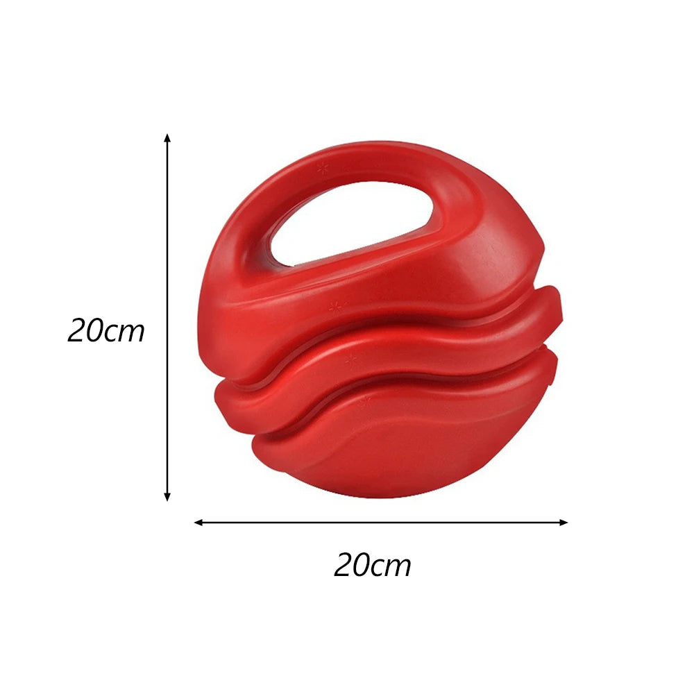 A red, wavy hexagonal TPR dog chew toy with a loop handle, shown against a white background.