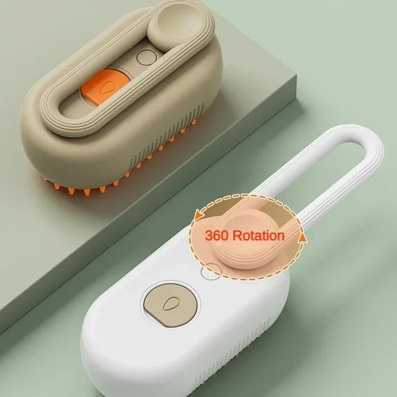 A white pet grooming brush with a handle and a rotating head is shown on a green surface.
