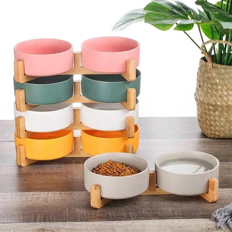 Elevated Ceramic Pet Bowl with Wooden Stand