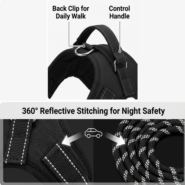 Close-up view of a black dog harness showing back clip, control handle, and 360 degree reflective stitching for night safety.