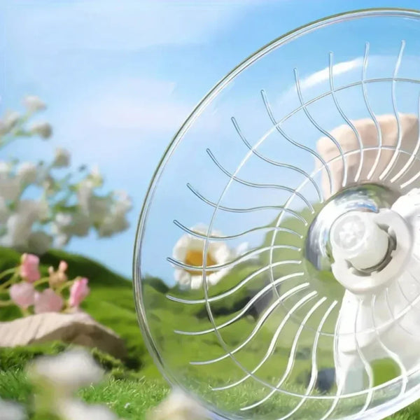 A clear rotating exercise wheel is shown in a garden setting with flowers and greenery.