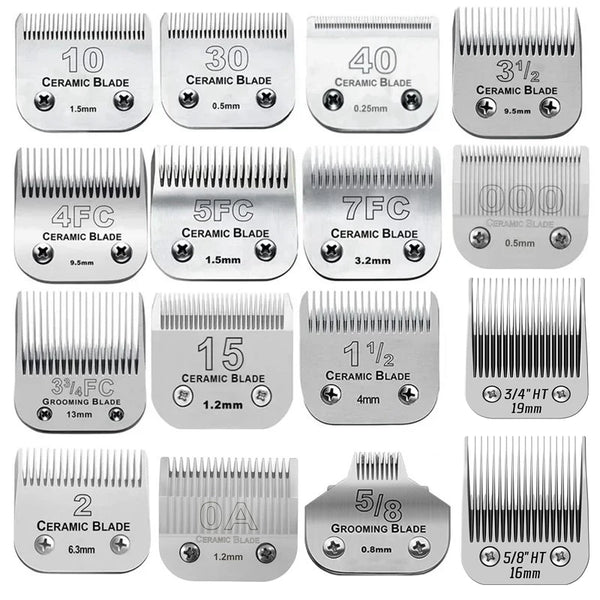 A collection of professional detachable ceramic pet clipper blades with various sizes and blade types.