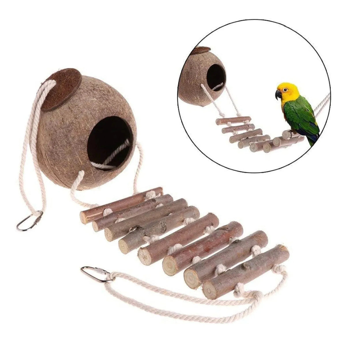 Natural coconut shell bird nest with a wooden perch and a yellow bird