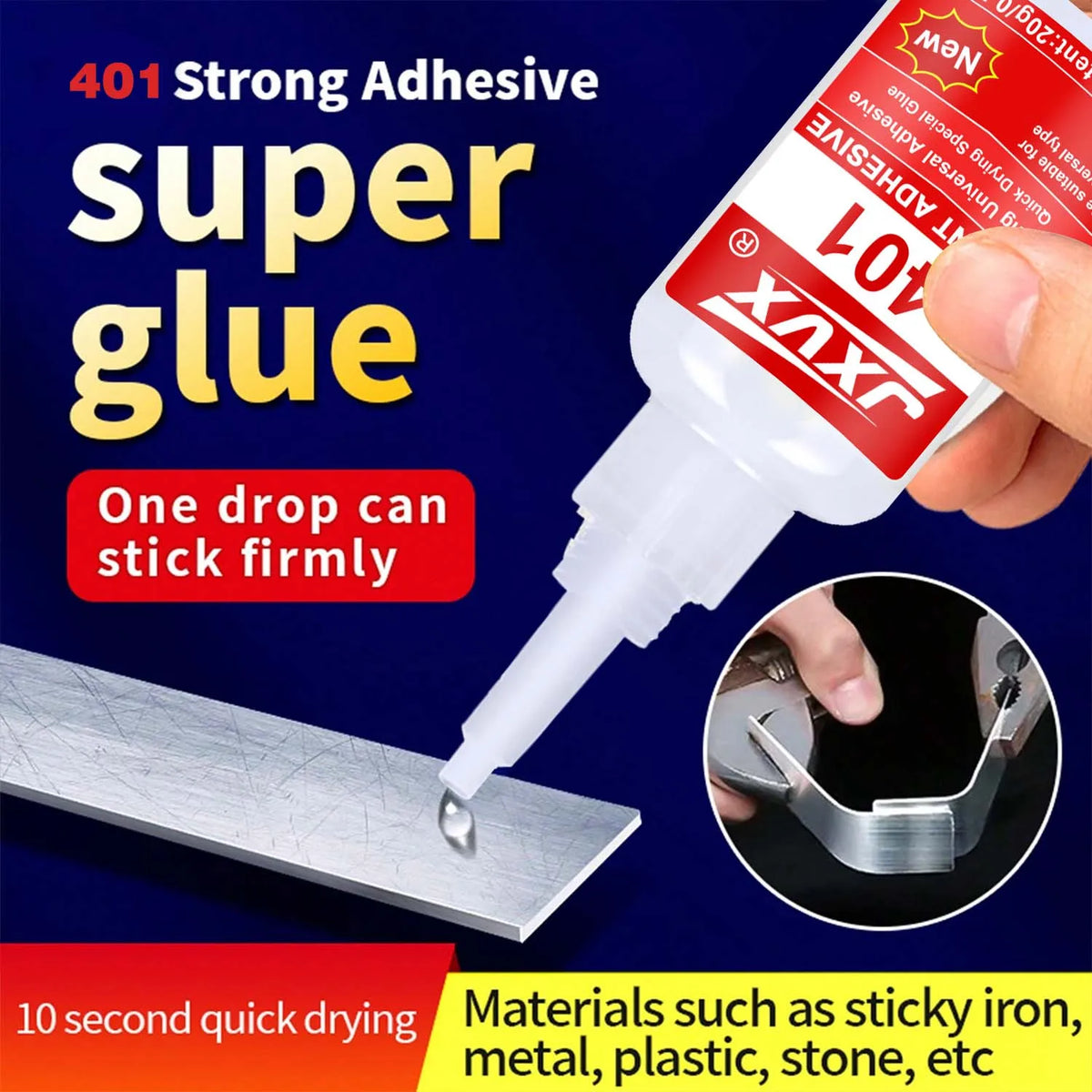 A hand applies a drop of super glue to a metal surface, demonstrating its strong adhesive properties.