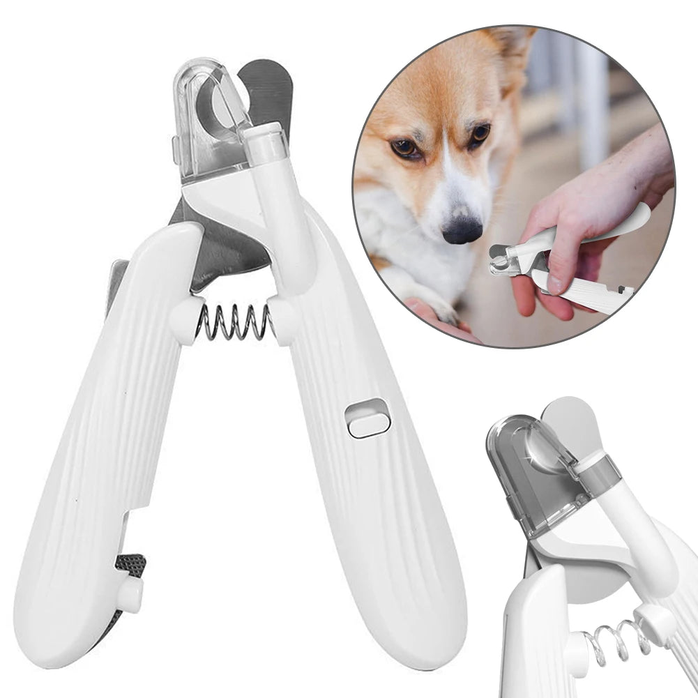 White pet nail clippers featuring a safety guard and an LED light, shown with a close-up of a paw.