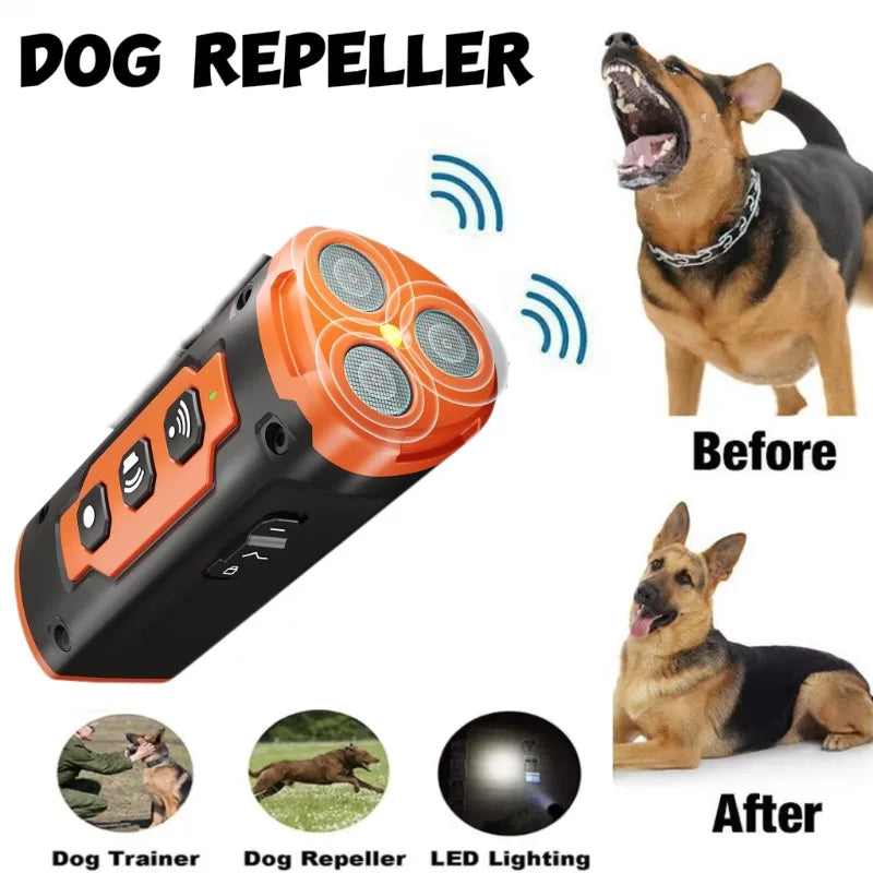 Dispositivo ultrasónico naranja para ahuyentar perros, mostrando su función antes y después.