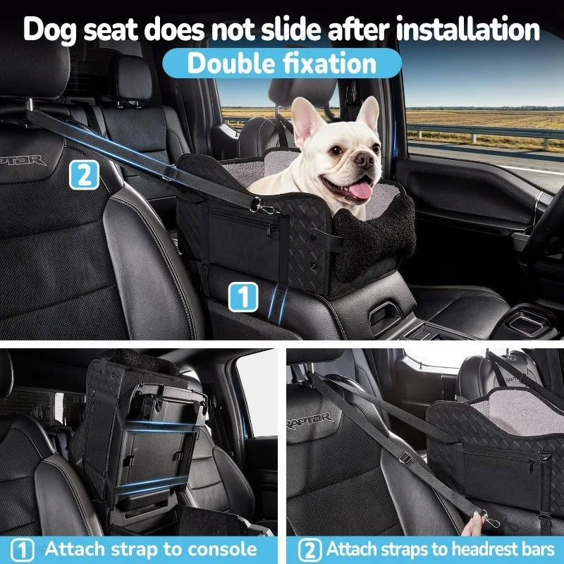 Installation guide showing how to attach straps to a car seat for a dog using a double fixation method.