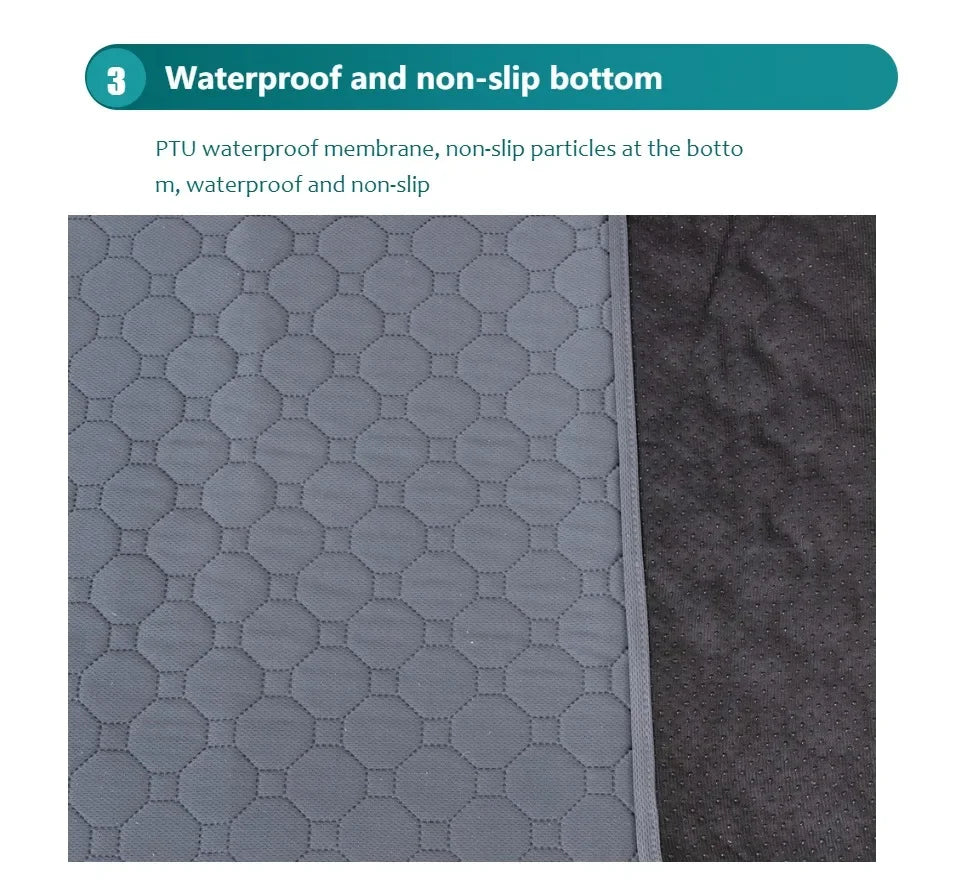 Nahaufnahme eines grauen wasserdichten und rutschfesten Mattenmaterials neben einem dunklen Stoffteil.