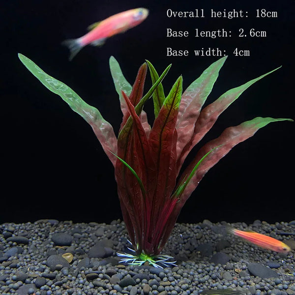 A realistic artificial aquarium plant with reddish-maroon leaves and a small fish is shown against a dark background.