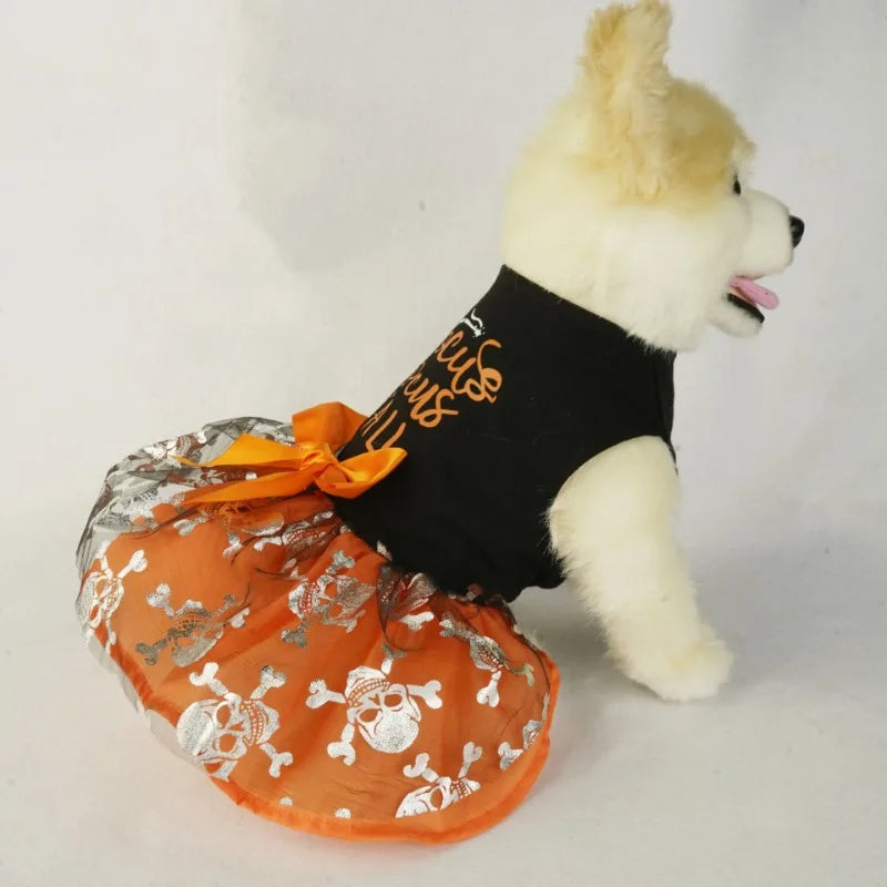 Spooky Pet Princess Costume with Skull Print and Tulle Skirt