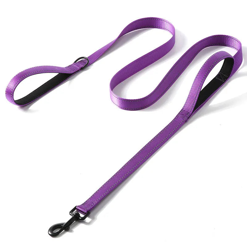 Purple heavy duty reflective dog leash with dual handles