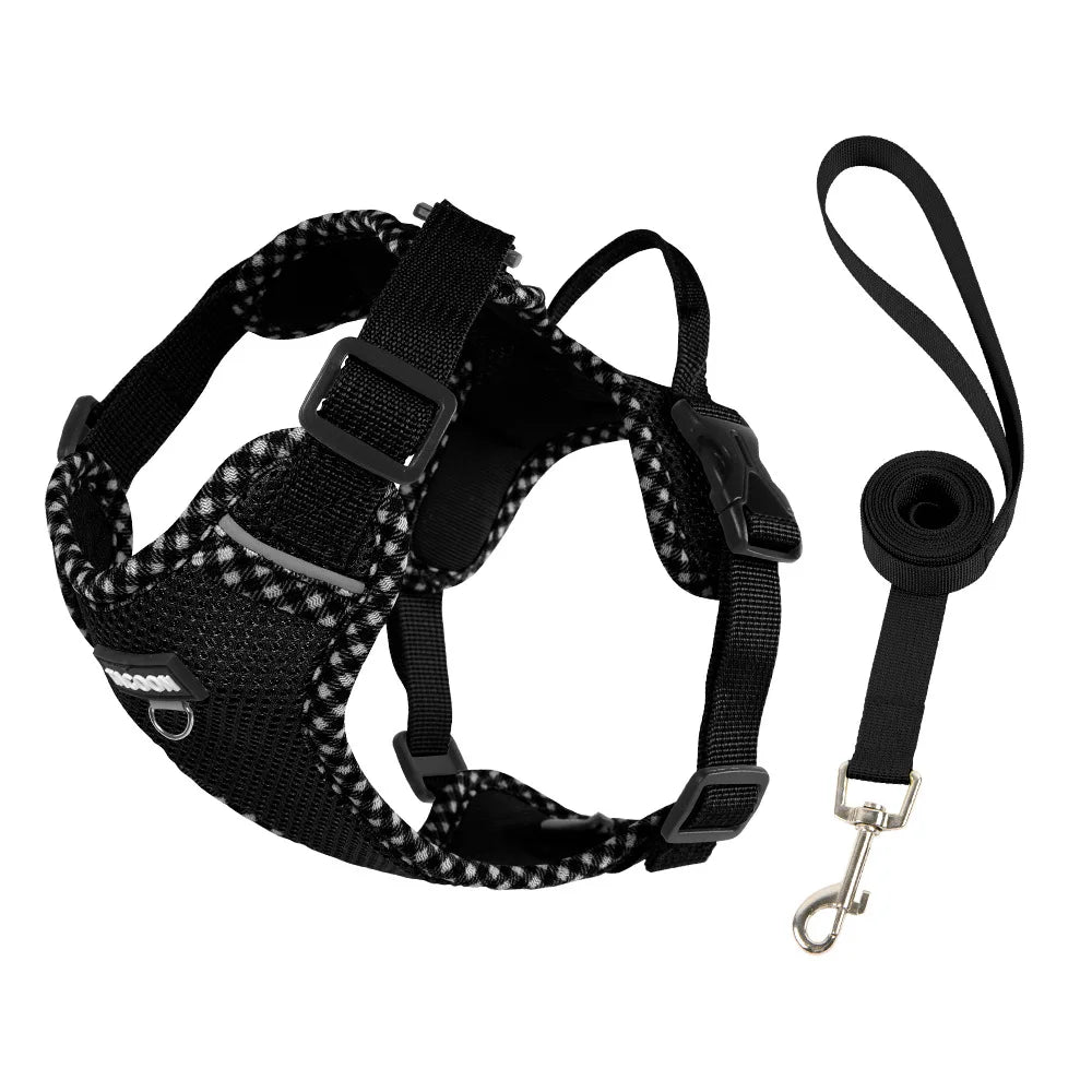 Black breathable mesh dog harness and leash set with reflective trim