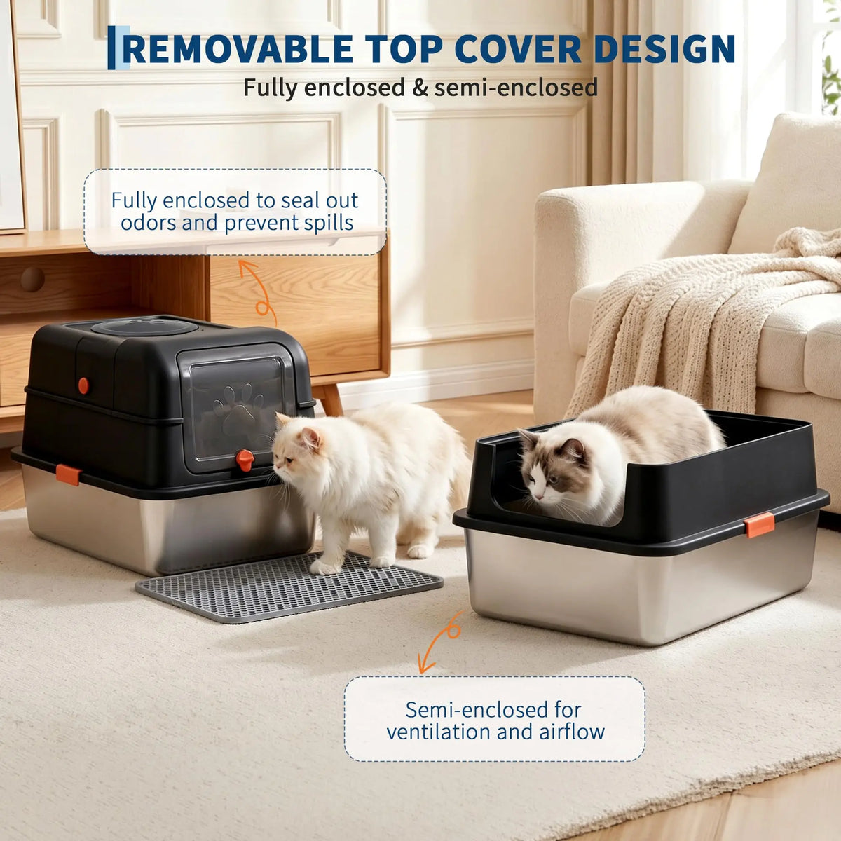A black stainless steel enclosed litter box for cats sitting on a mat, with a semi-enclosed version nearby.