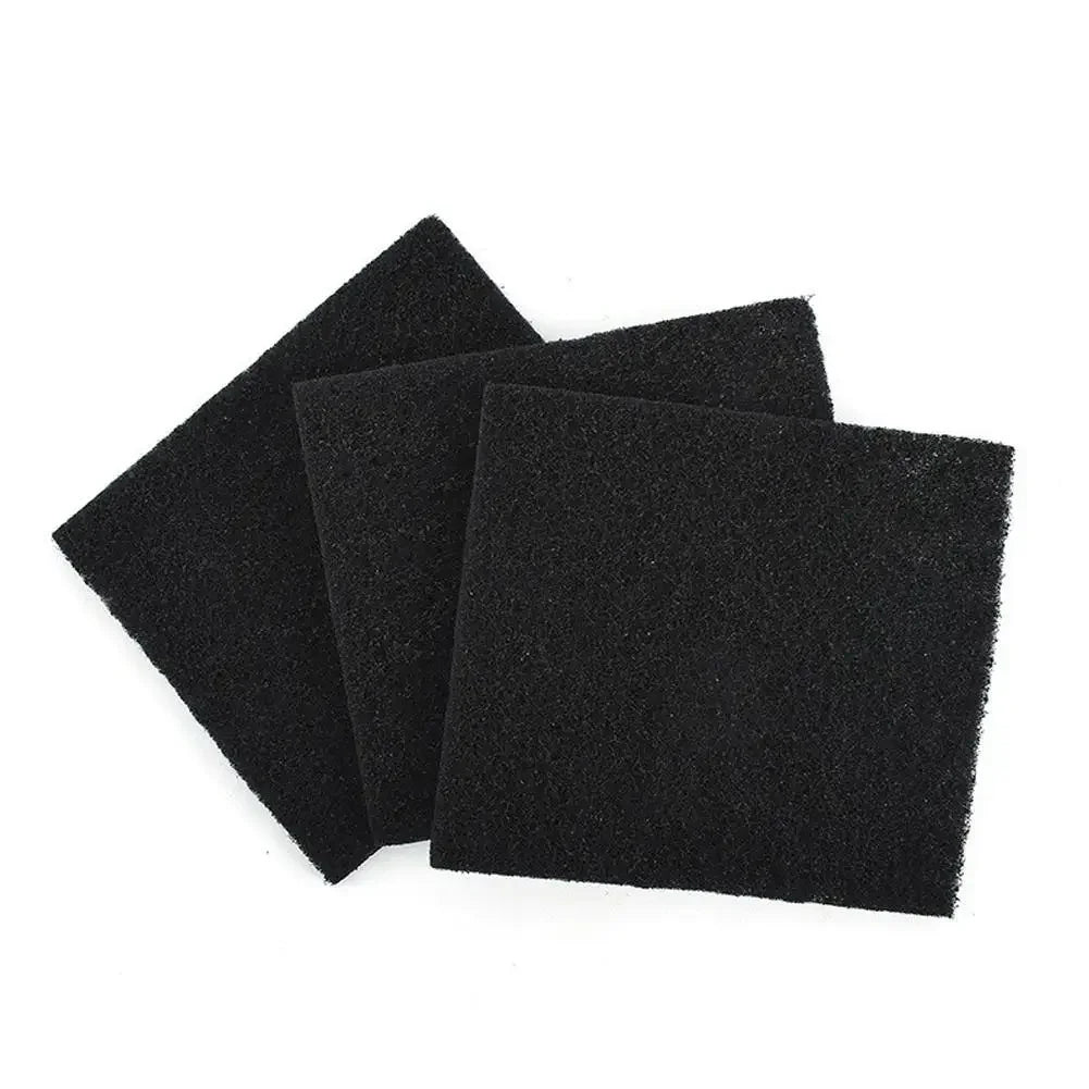 A set of three black activated carbon litter box filter pads.