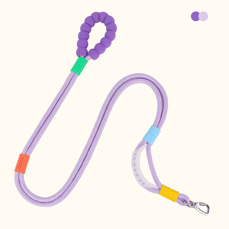 Purple adjustable hands-free dog leash with a bright green clip and yellow tag.