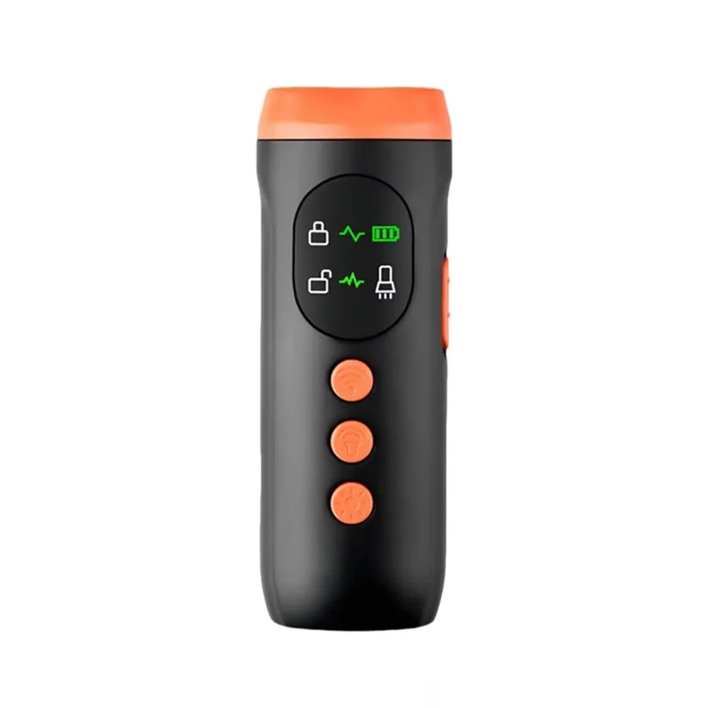 A black and orange handheld ultrasonic dog bark deterrent device with LED indicators and control buttons.