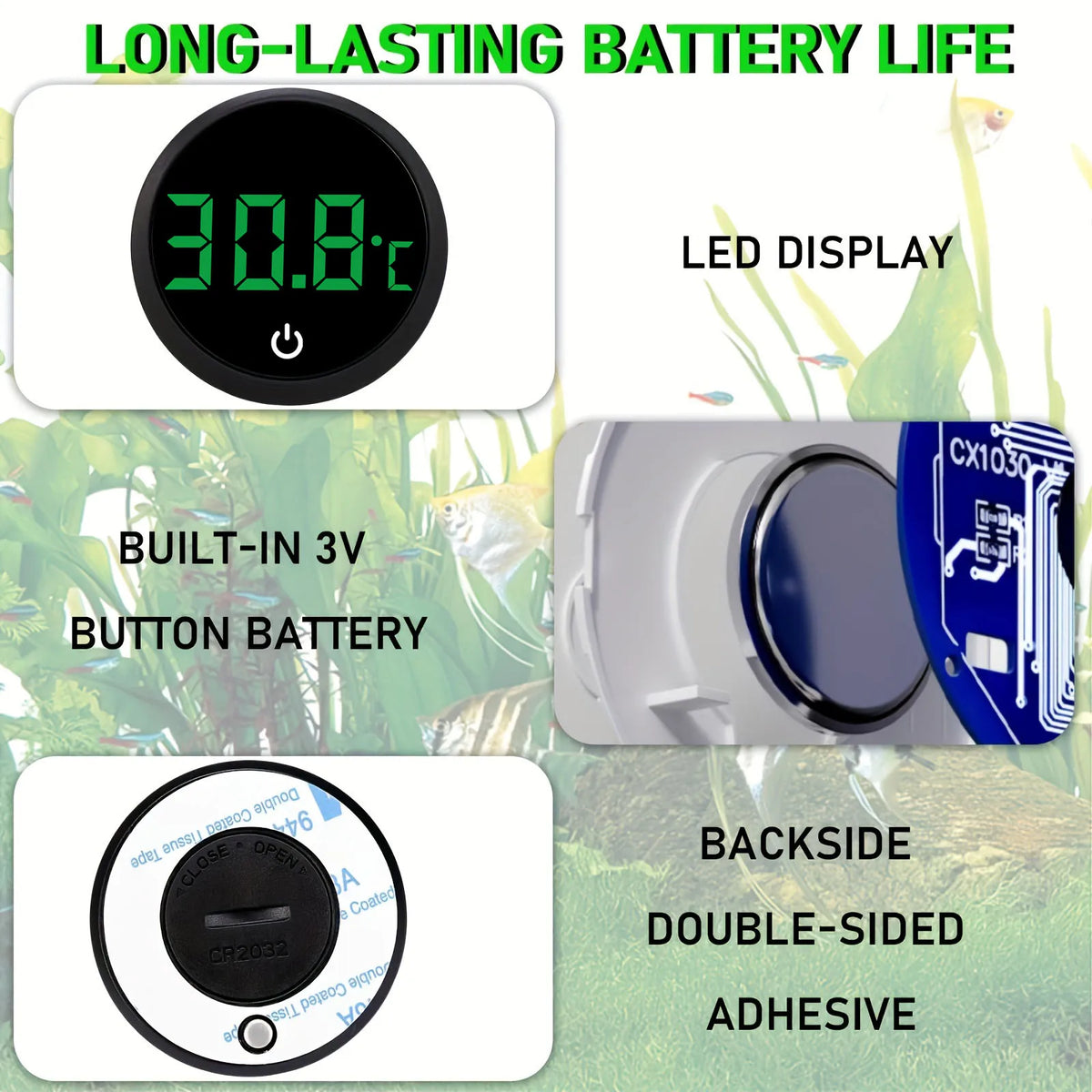 A digital aquarium thermometer showing 30.8°C, featuring a LED display, built-in 3V button battery, and a double-sided adhesi